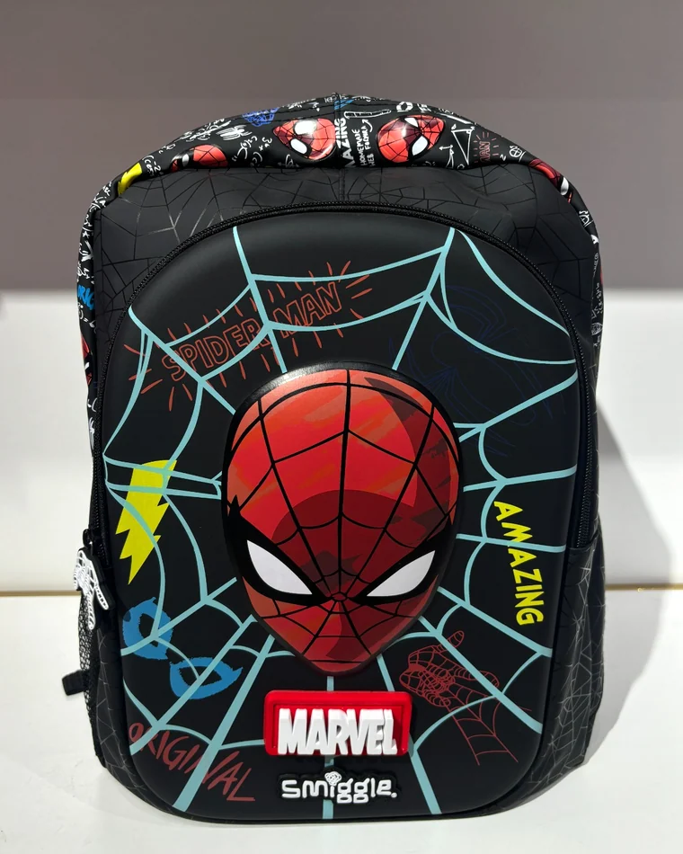 A Spider-Man backpack on the shop counter
