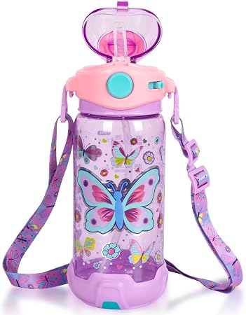 Purple Butterfly Straw Cup with Shoulder Strap