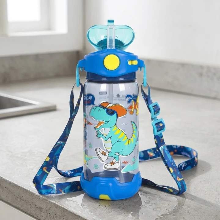 Blue Dinosaur Straw Cup with Shoulder Strap
