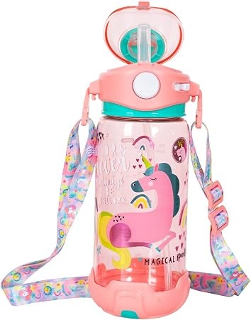 Pink Unicorn Straw Cup with Shoulder Strap